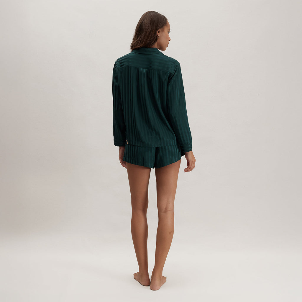 Washable Silk Striped Jacquard Button Up Long Sleeve Short Set