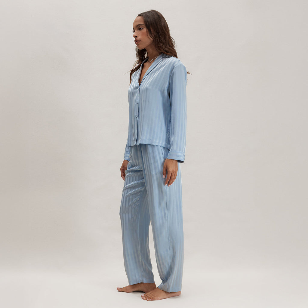 Washable Silk Striped Jacquard Long Sleeve Pant Set