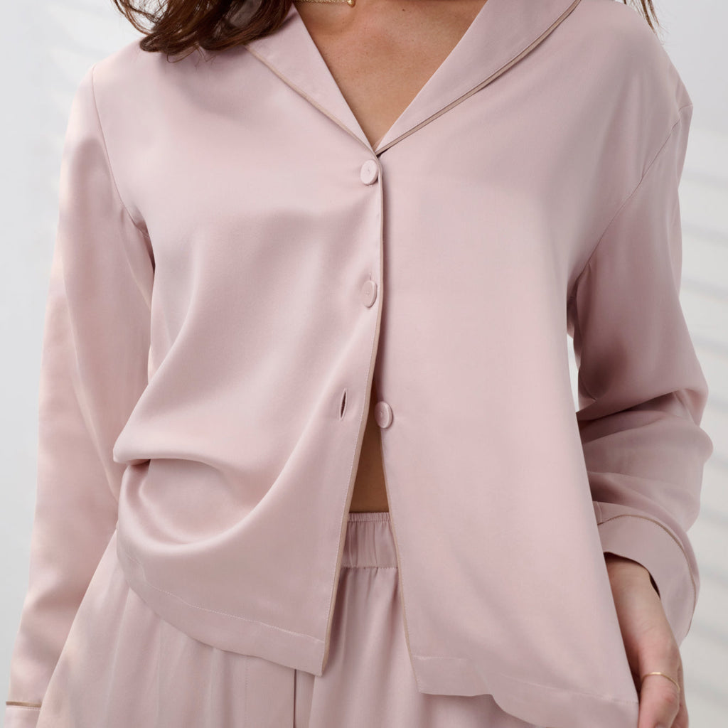 Washable Silk Button Up Long Sleeve Short Set